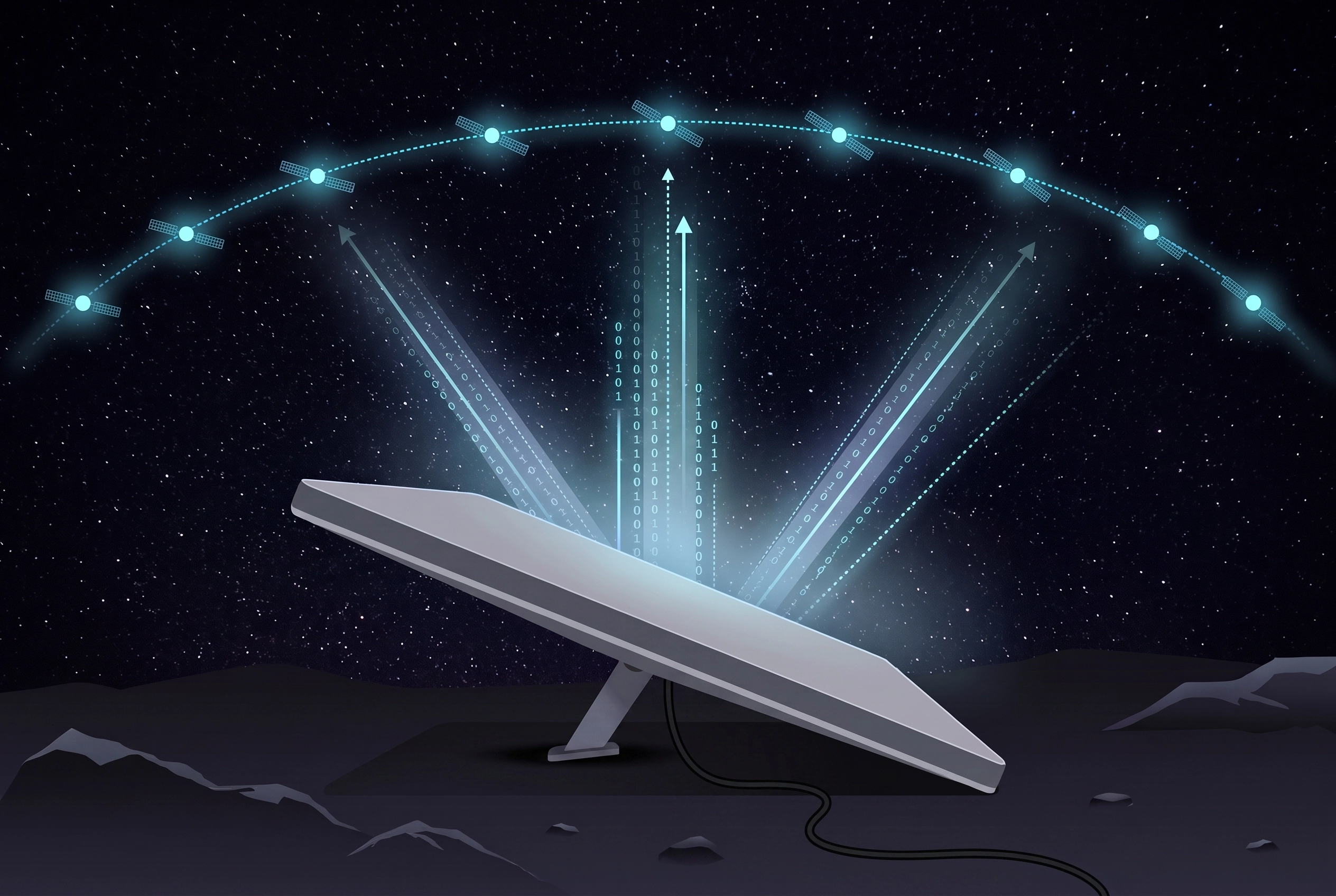 Illustration of the Starlink Mini connecting to the low-earth-orbit satellite network overhead